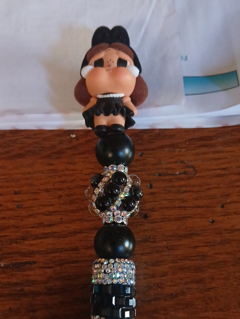 Baby 3 Black Beaded Charm Pen with Crystal Accents Handmade